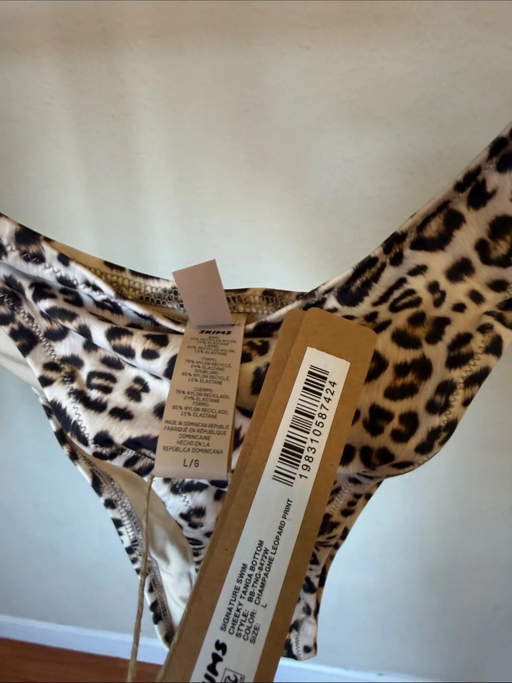 SKIMS SWIM CHEEKY TANGA BIKINI BOTTOM CHAMPAGNE LEOPARD PRINT size L